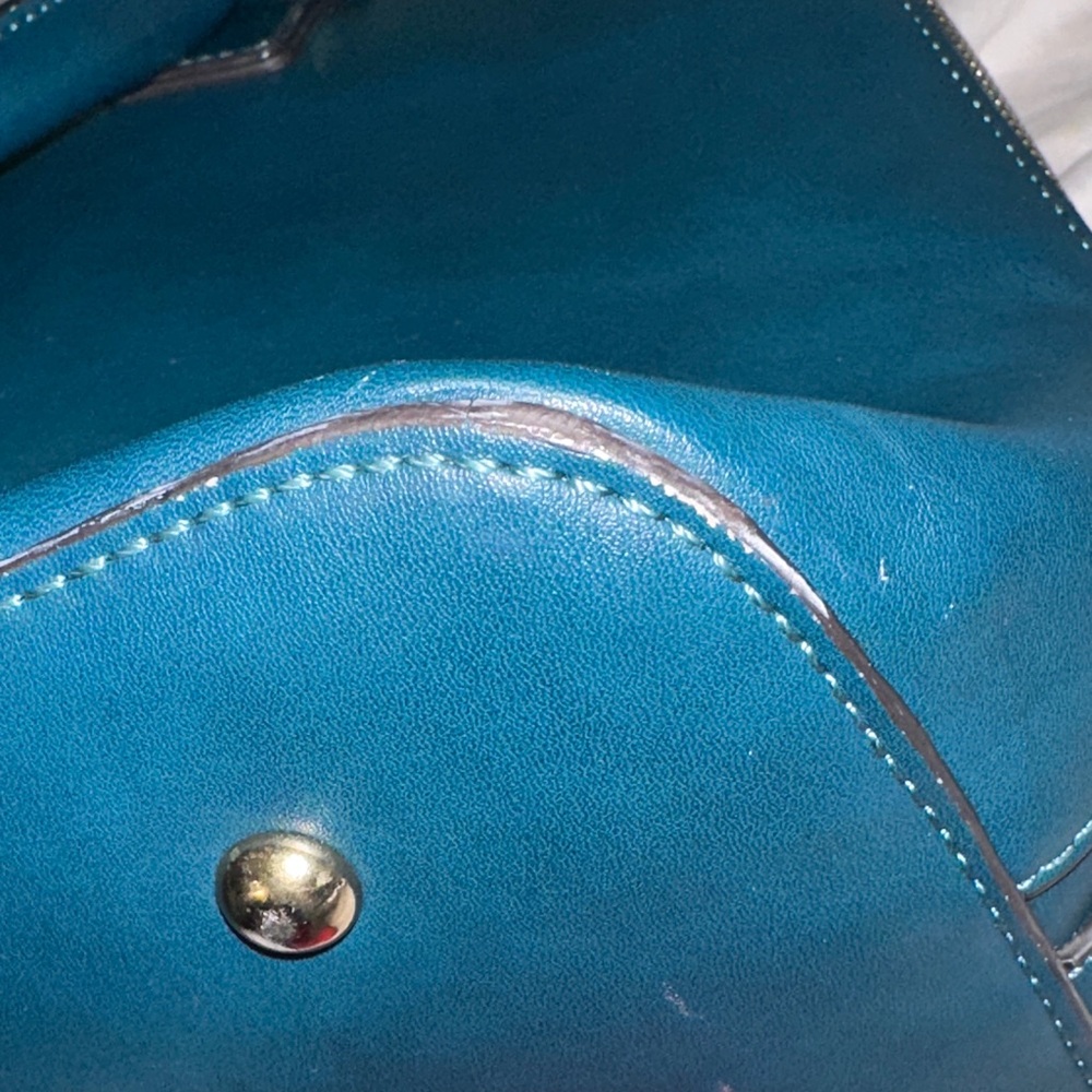 Adrienne Vittadini teal leather satchel gold accents charm and feet like new - Picture 14 of 16